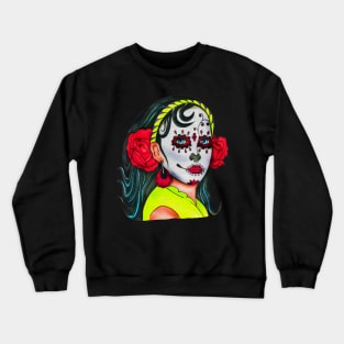 Dia De Los Muertos Skull Girl with Roses Crewneck Sweatshirt